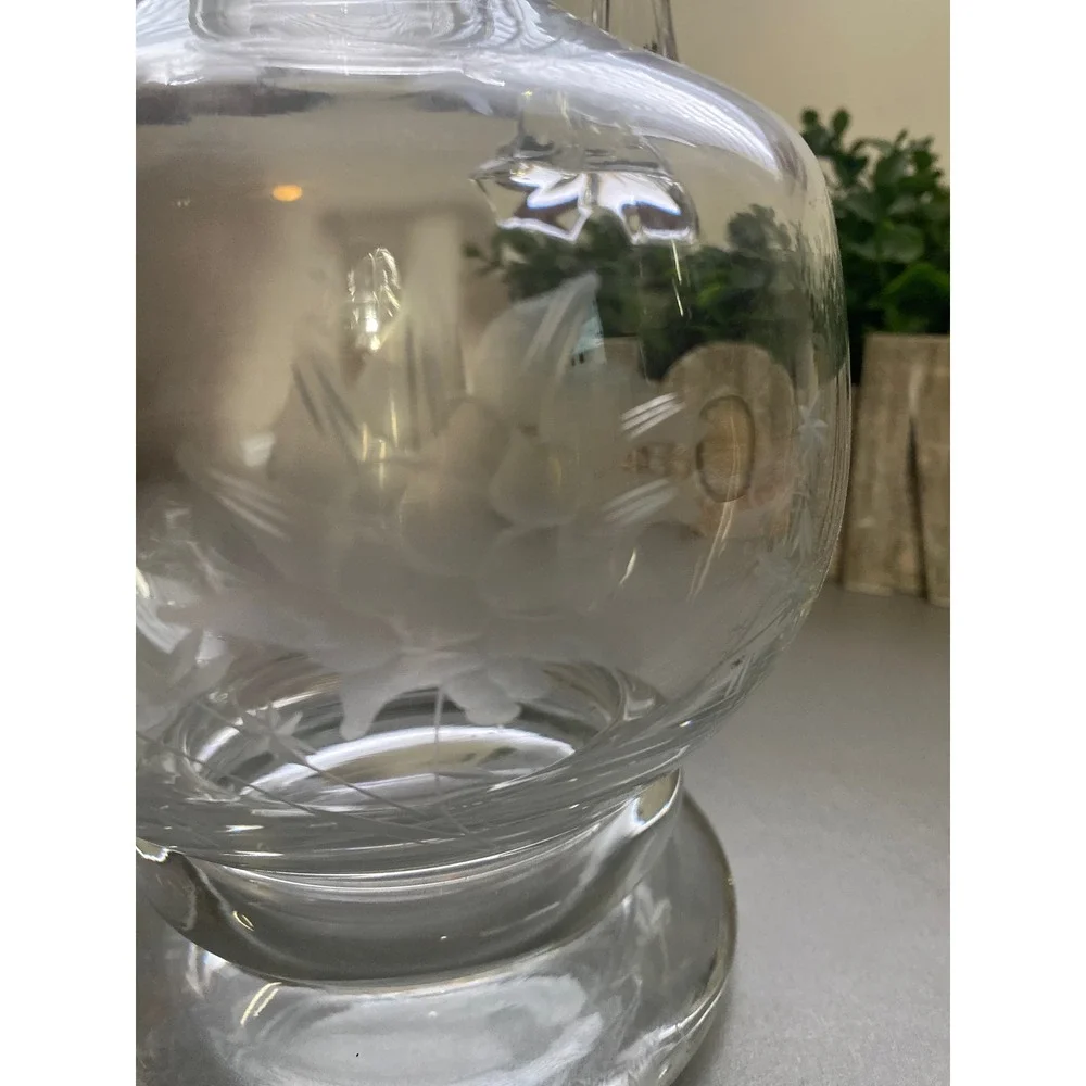 Vintage‎ Etched Glass Pitcher Carafe Clear Floral Design Handle Spout
